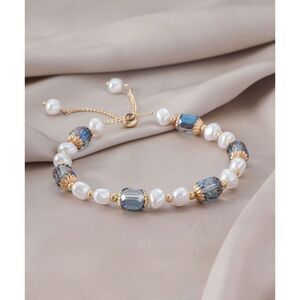 Pearl & Blue Beaded Tassel Bracelet Vtg Style Adjustable Gold Fashion Crystal